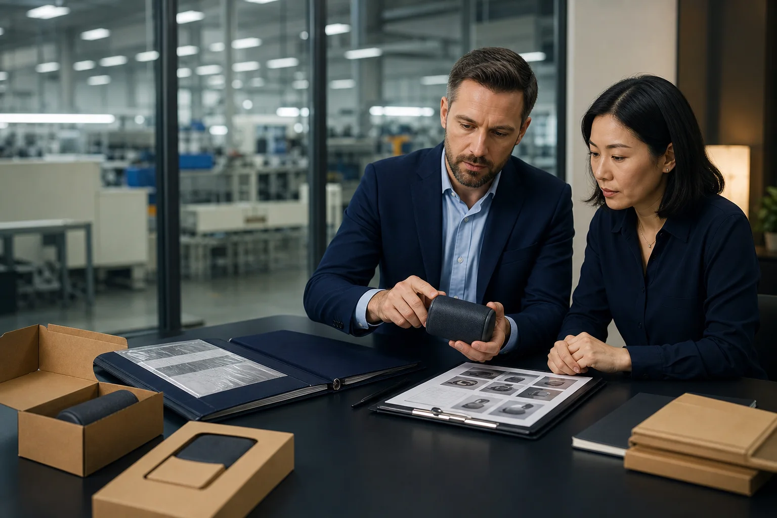 An advisor and factory manager reviewing a product sample and delivery evidence
